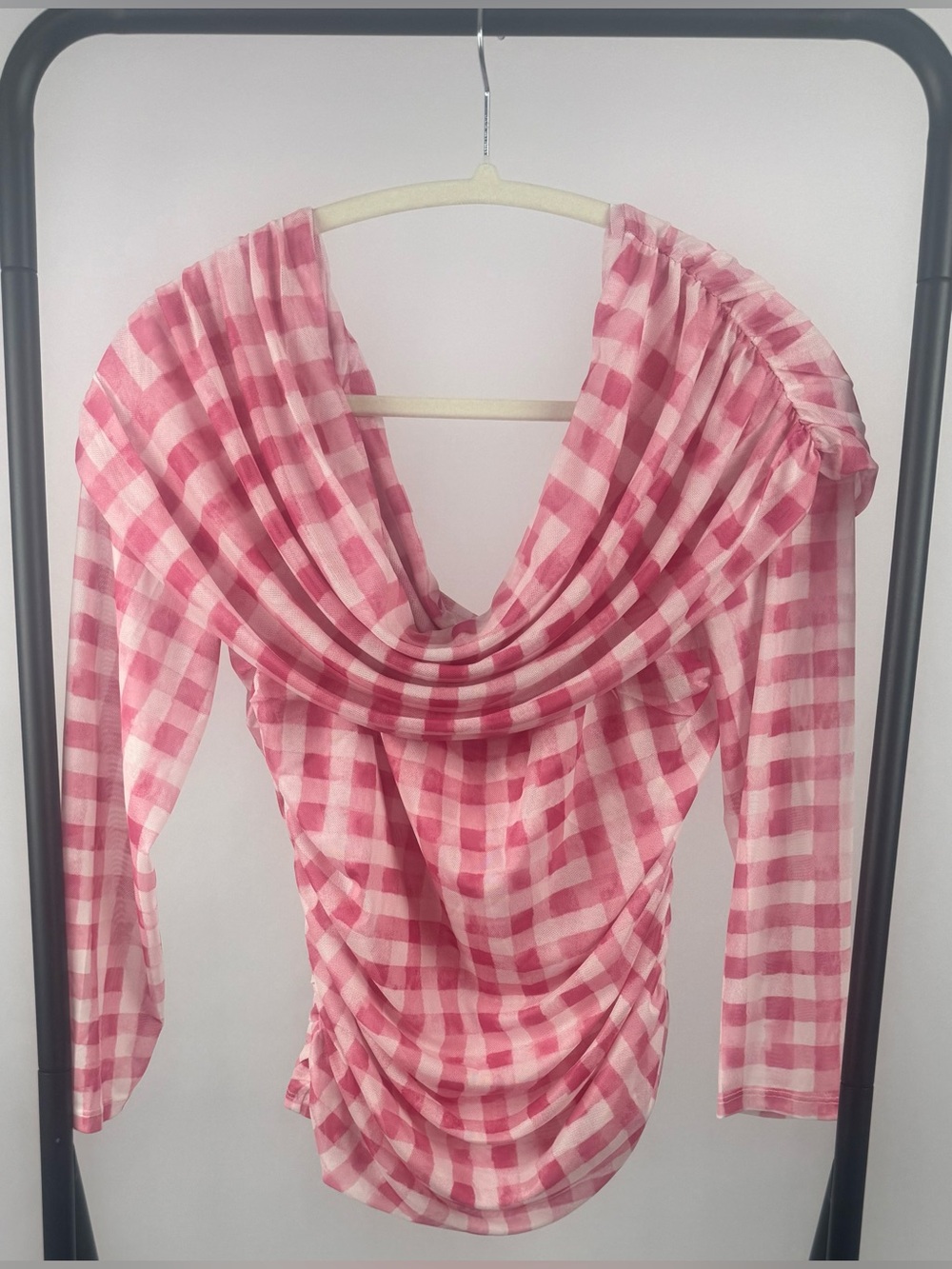 Maeve Aleda Mesh Off Shoulder Pink Plaid Ruched Top NWT Size L Anthropologie - Picture 5 of 8